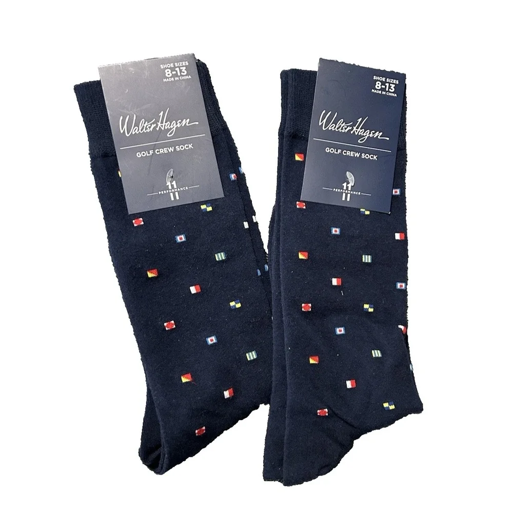 Lot of 2 Walter Hagen Men's Large 1 Pack Crew Novelty Navy Nautical Socks (E6)